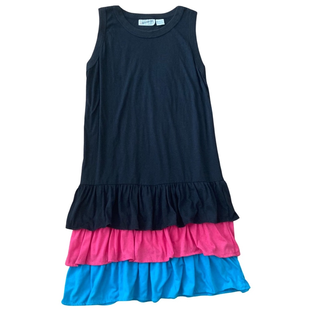 Vintage 80s Black Tank Dress With Ruffled Tiered Pink And Blue Layers Size M. - Picture 1 of 3